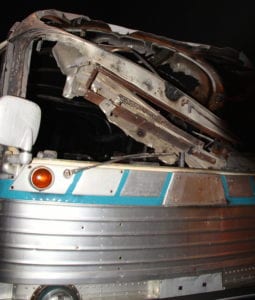 Charred hulk of the firebombed Greyhound bus on display at the National Civil Rights Museum in Memphis, Tennessee. Photo Credit: Tom Wilmer