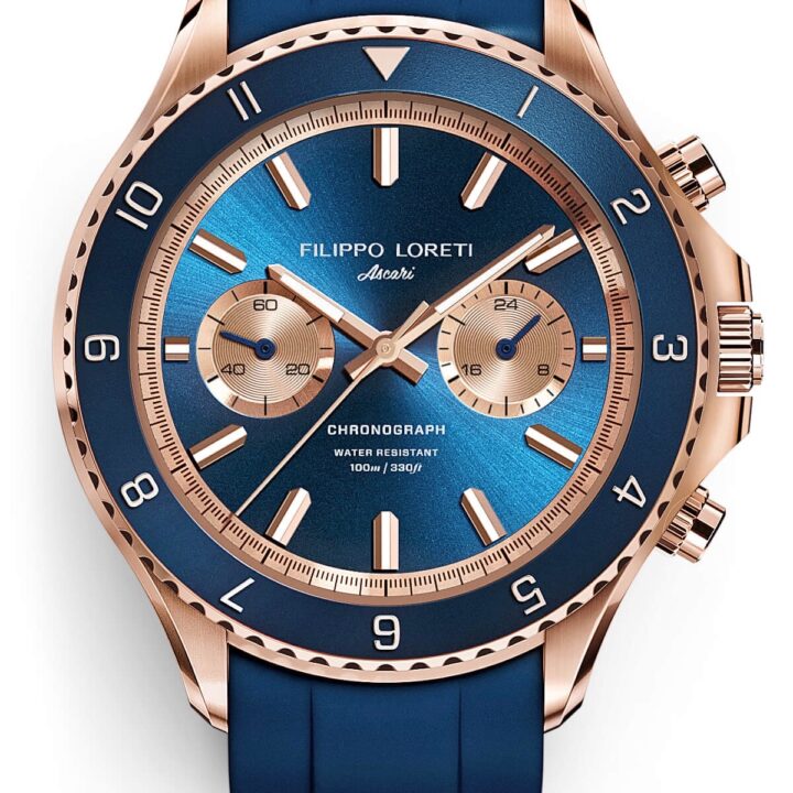 Filippi Loreti Ascari Indigo Rose Gold Rubber watch image for use by 360 Magazine