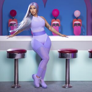 Purple GP Cardi B x Reebok press image for use by 360 Magazine