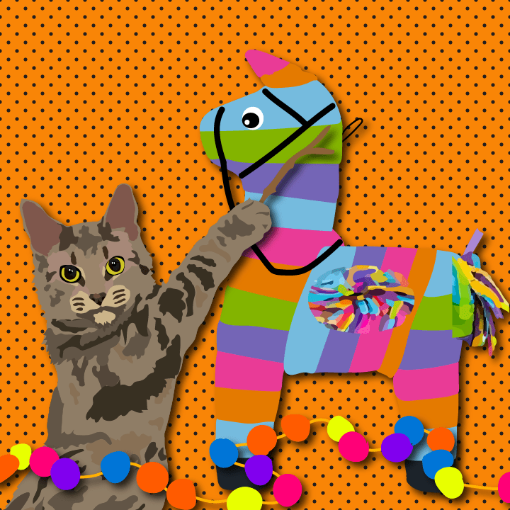 Cat hitting piñata illustration by Heather Skovlund for 360 Magazine
