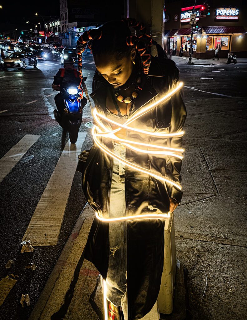 Singer and female rapper Lajune photographed by Vaughn Lowery in Bronx for 360 MAGAZINE Miami Art Basel lineup listing.