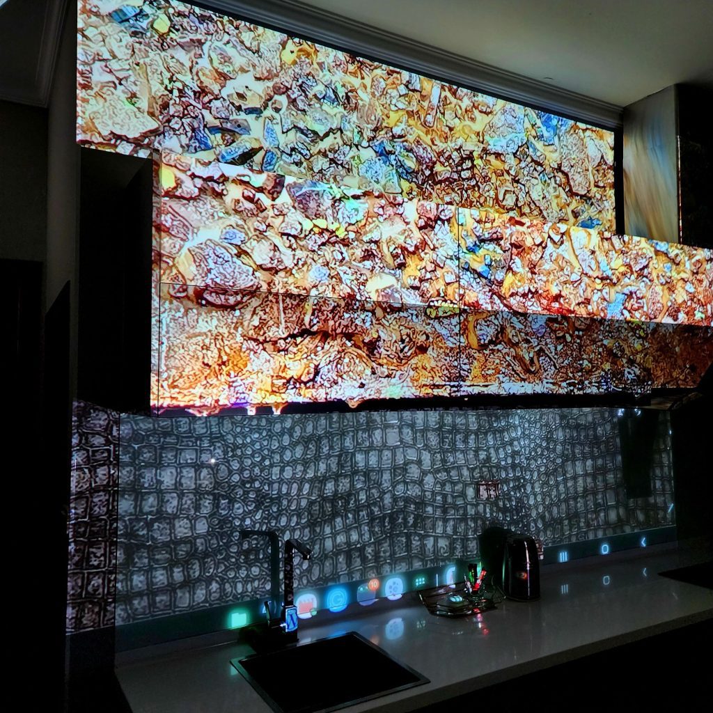 Projected mixed media art on kitchen cabinets by Vaughn Lowery in Phnom Penh via 360 MAGAZINE. 